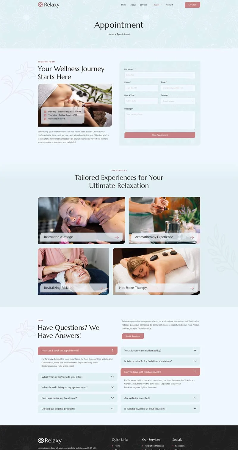水疗养生Elementor网站模板_一键导入快速建站插图4-WP资源海 美容/美发 Elementor 模板预约页面预览
