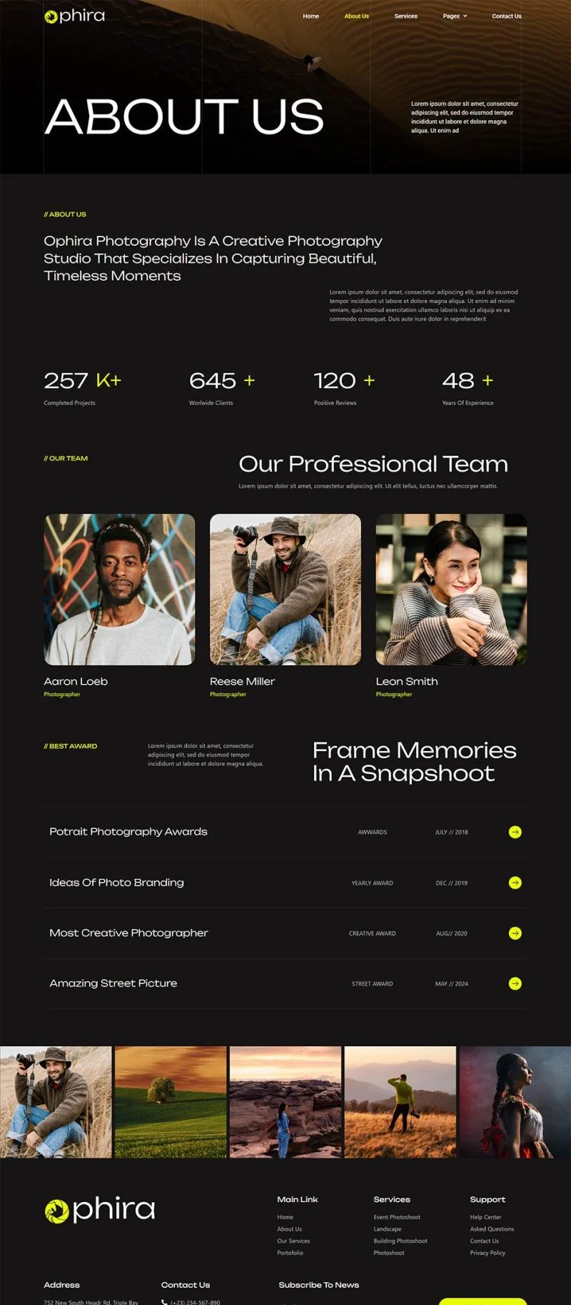 摄影服务Elementor网站模板_一键导入快速建站插图2-WP资源海 摄影 Elementor 模板关于我们预览