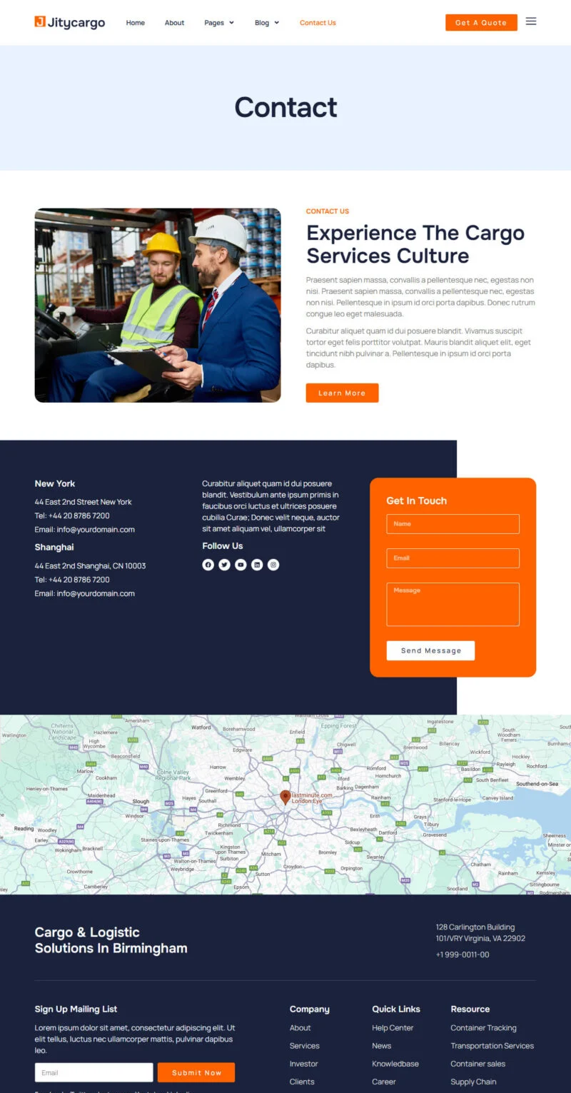 货物运输Elementor网站模板_一键导入快速建站插图3-WP资源海 物流/运输 Elementor 模板联系页面预览