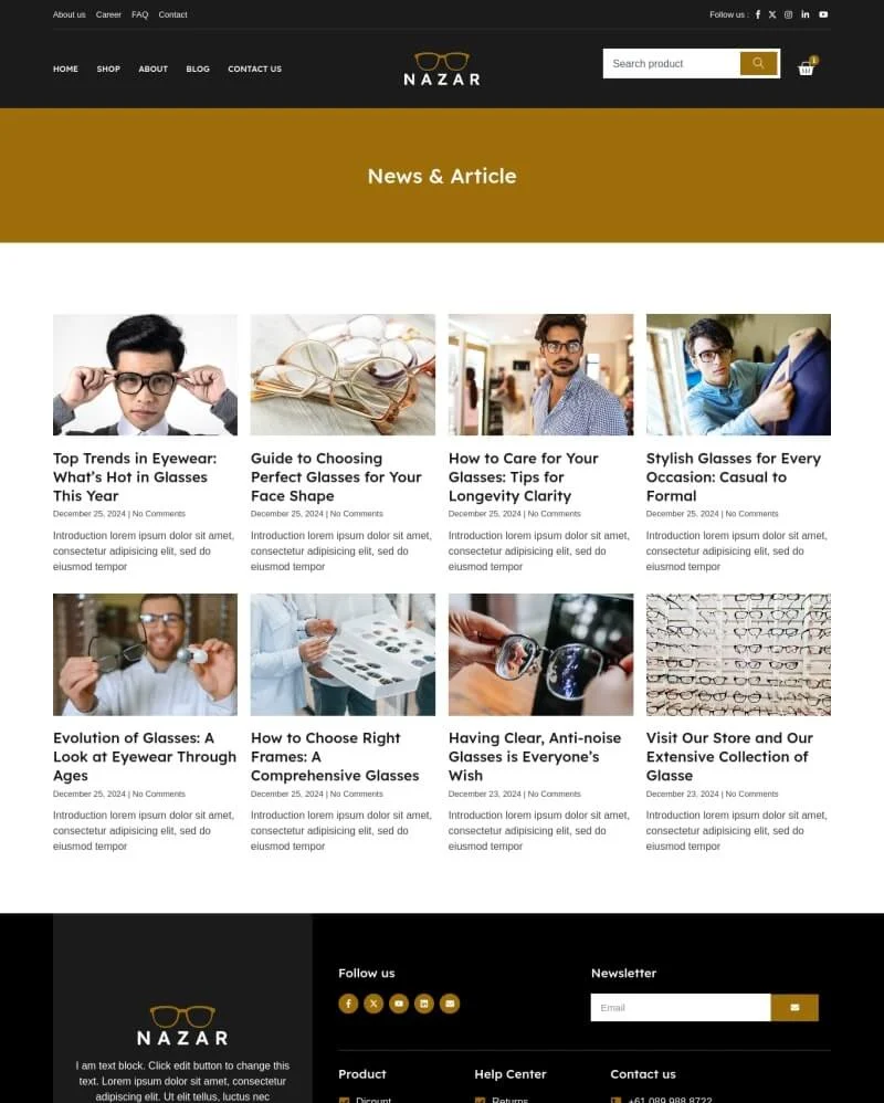 眼镜电商Elementor网站模板_一键导入快速建站插图2-WP资源海 电商 Elementor 模板博客页面预览