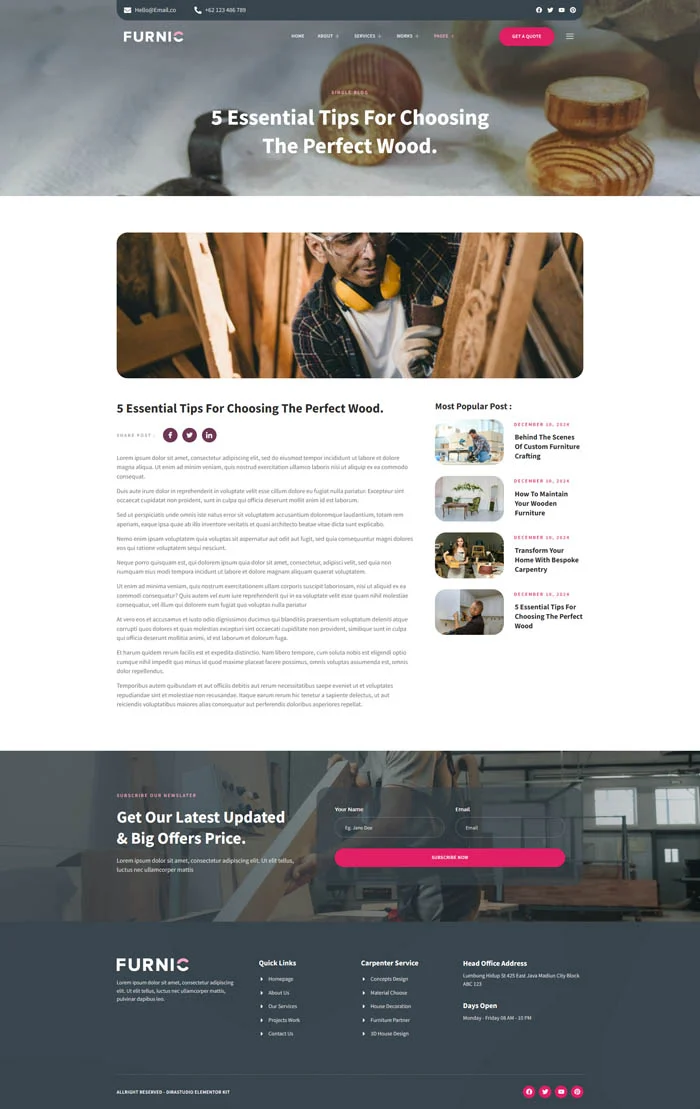 木制家具Elementor网站模板_一键导入快速建站插图3-WP资源海 家居用品 Elementor 模板博客页面预览