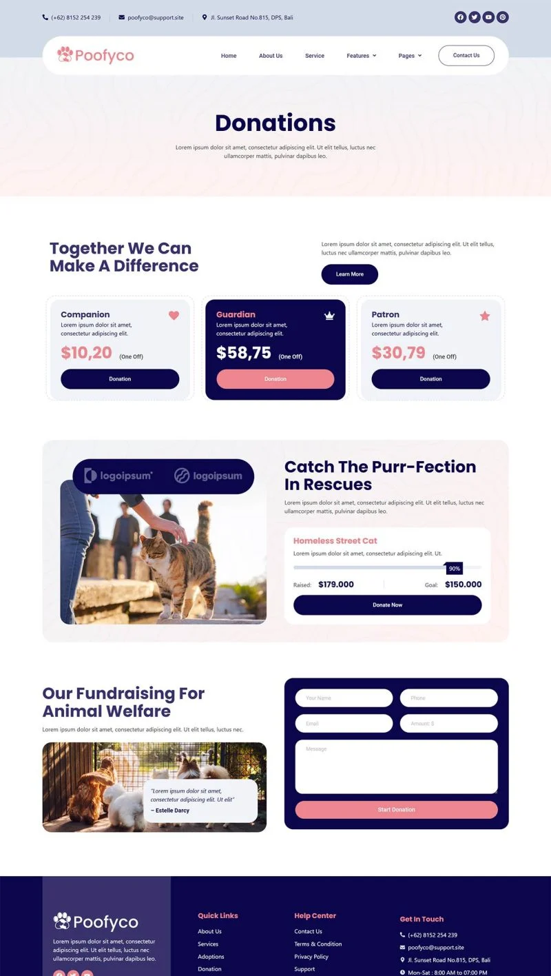 动物救助站Elementor网站模板_一键导入快速建站插图4-WP资源海 组织/机构 Elementor 模板捐赠收款页面预览