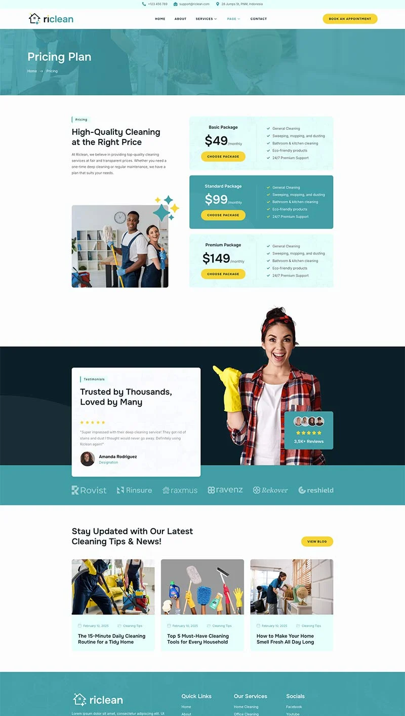 清洁服务Elementor网站模板_一键导入快速建站插图5-WP资源海 保洁 Elementor 模板价格页面预览