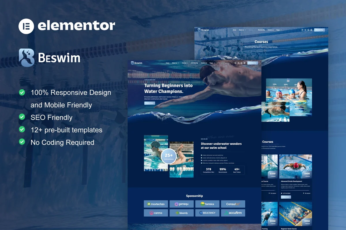 游泳课程Elementor网站模板_一键导入快速建站插图-WP资源海 教育/培训 Elementor 网站模板封面