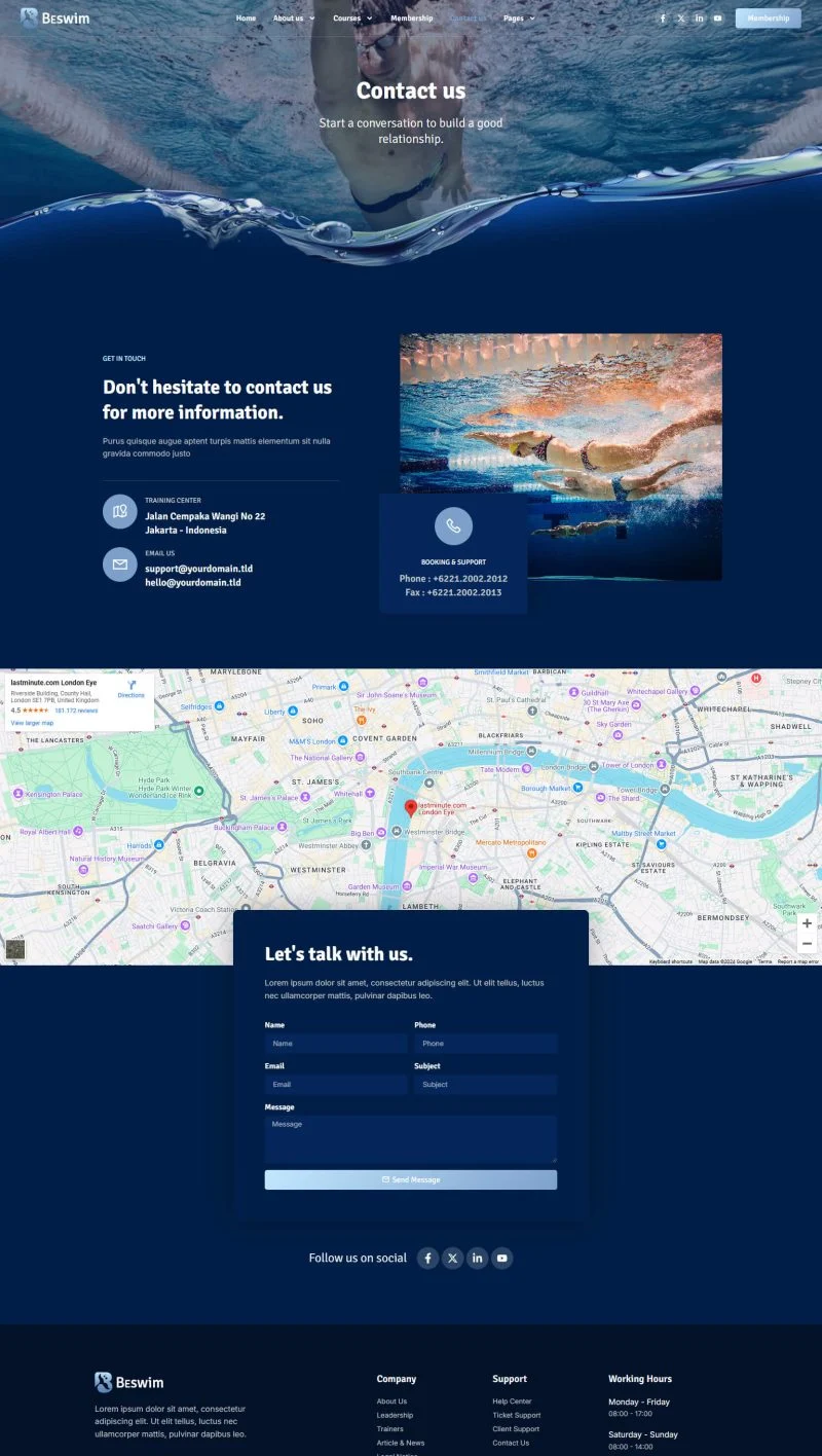 游泳课程Elementor网站模板_一键导入快速建站插图3-WP资源海 教育/培训 Elementor 模板联系页面预览