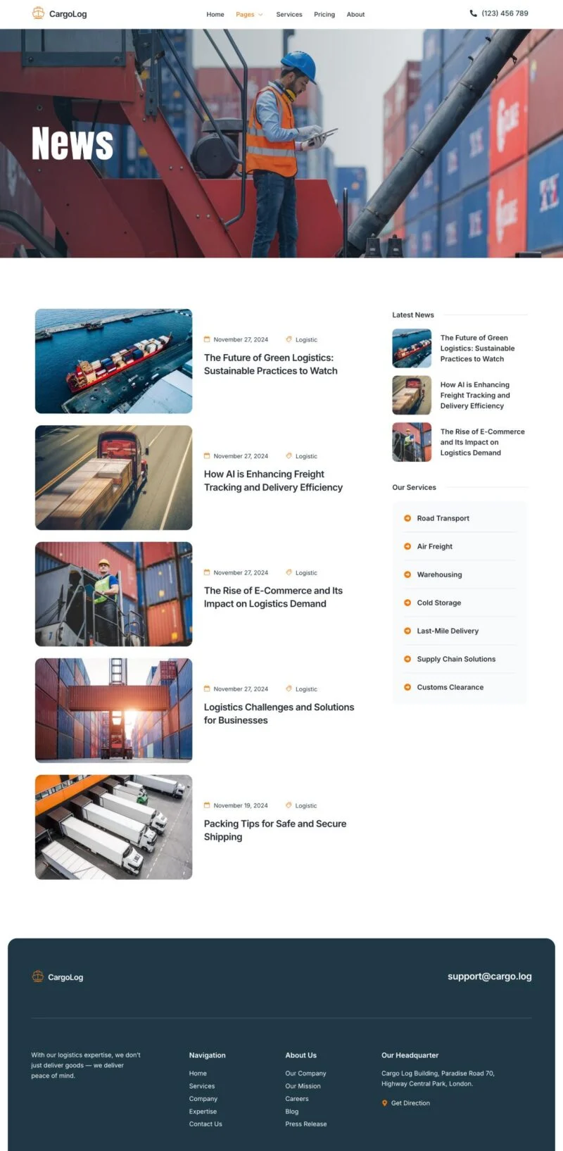 货运物流平台Elementor网站模板_一键导入快速建站插图2-WP资源海 物流/运输 Elementor 模板新闻列表预览