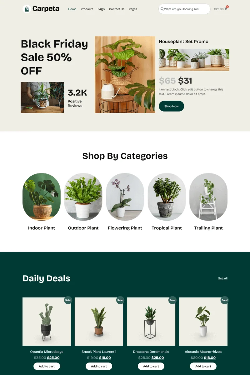 绿植电商Elementor网站模板_一键导入快速建站插图1-WP资源海 电商 Elementor 模板首页预览