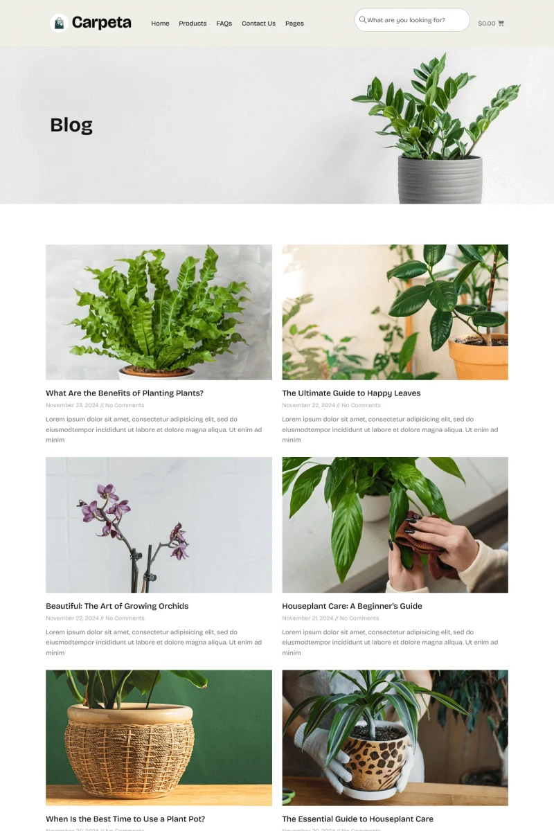绿植电商Elementor网站模板_一键导入快速建站插图4-WP资源海 电商 Elementor 模板博客页面预览
