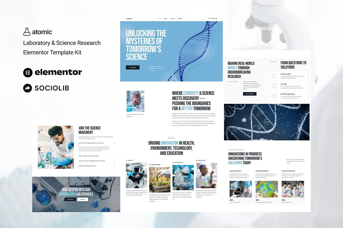 科学实验室Elementor网站模板_一键导入快速建站插图-WP资源海 科研/实验 Elementor 网站模板封面