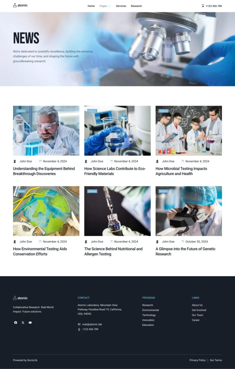 科学实验室Elementor网站模板_一键导入快速建站插图2-WP资源海 科研/实验 Elementor 模板新闻列表预览