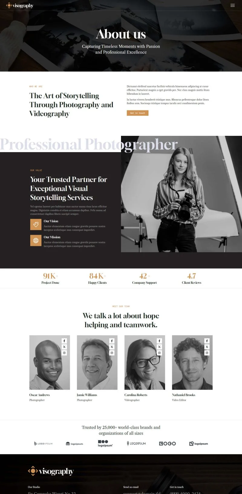 摄影摄像Elementor网站模板_一键导入快速建站插图3-WP资源海 摄影 Elementor 模板关于我们预览