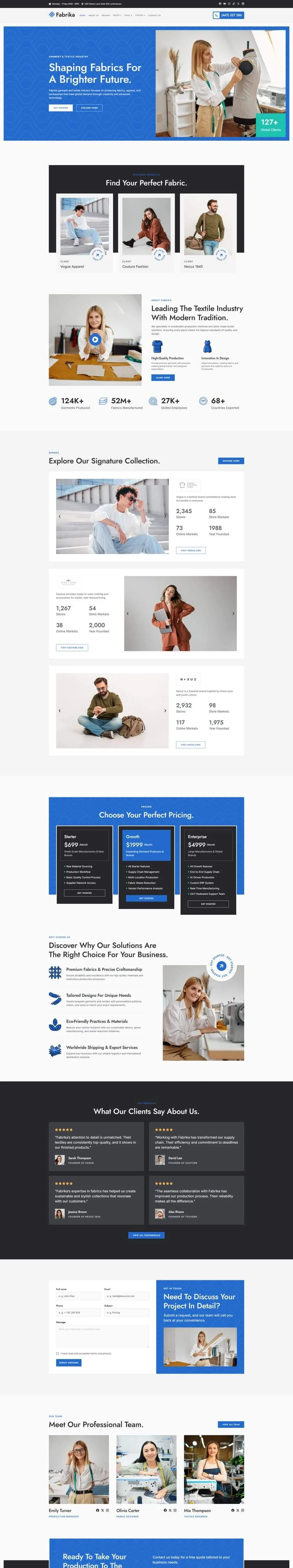 服装纺织Elementor网站模板_一键导入快速建站插图1-WP资源海 制造业 Elementor 模板首页预览