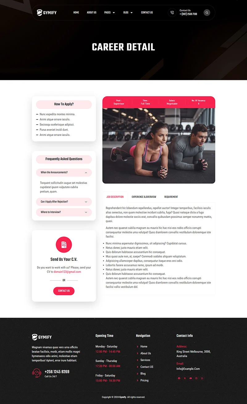 运动/健身 Elementor 模板招聘详情预览