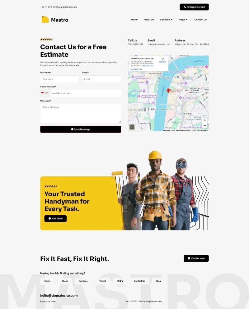 万能工维修服务Elementor网站模板_一键导入快速建站插图3-WP资源海 维修 Elementor 模板联系页面预览