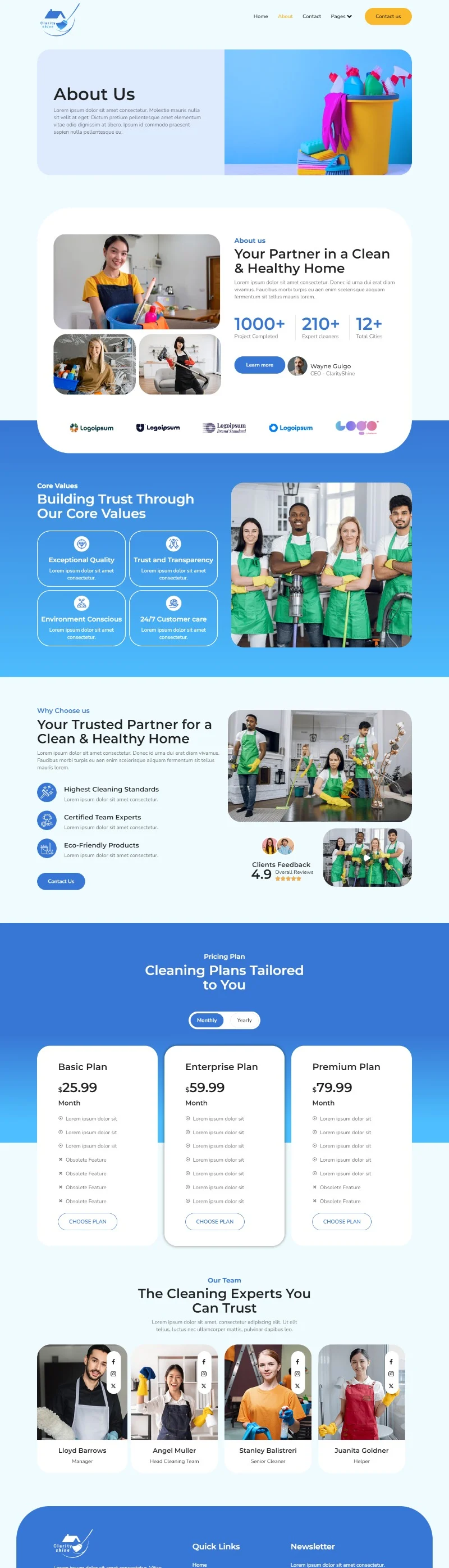 清洁服务企业Elementor网站模板_一键导入快速建站插图2-WP资源海 保洁 Elementor 模板关于我们预览