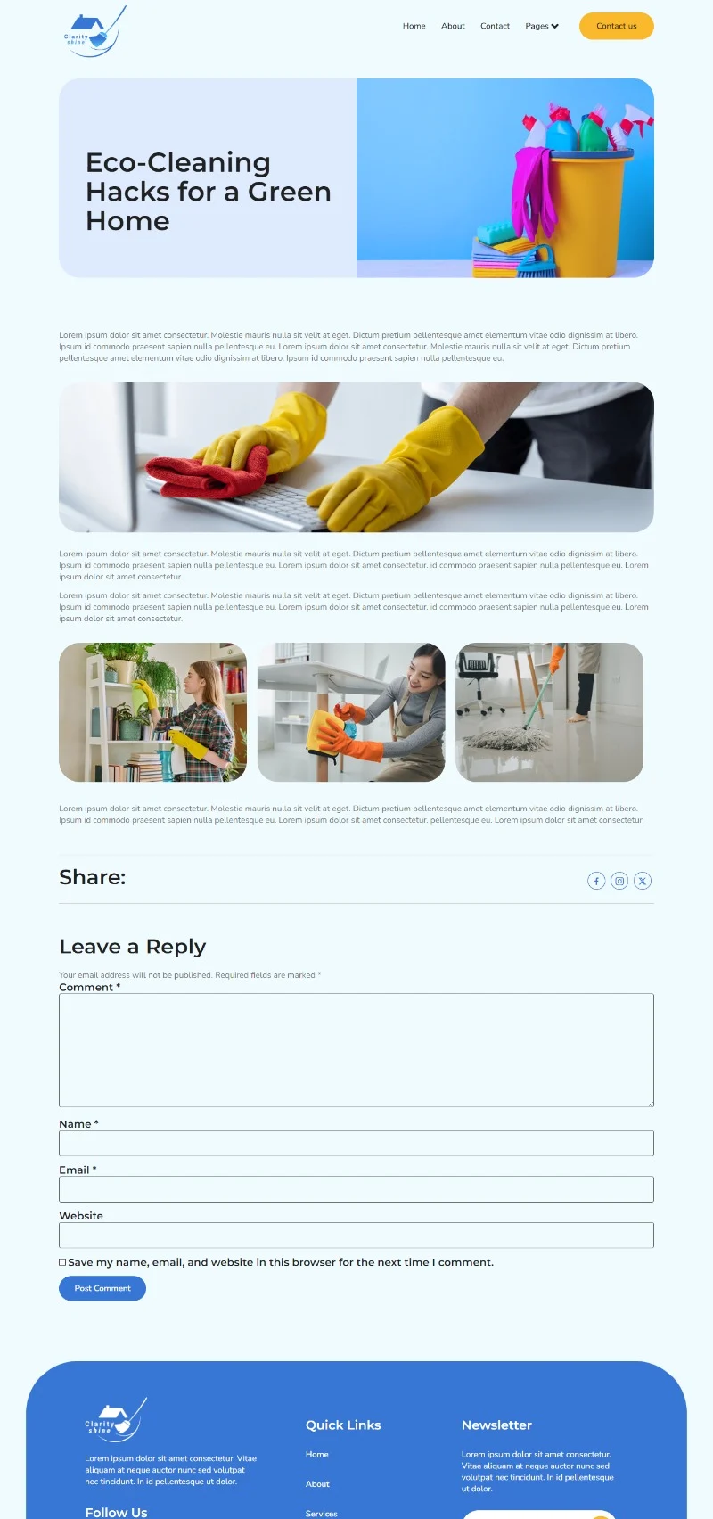 清洁服务企业Elementor网站模板_一键导入快速建站插图5-WP资源海 保洁 Elementor 模板博客页面预览