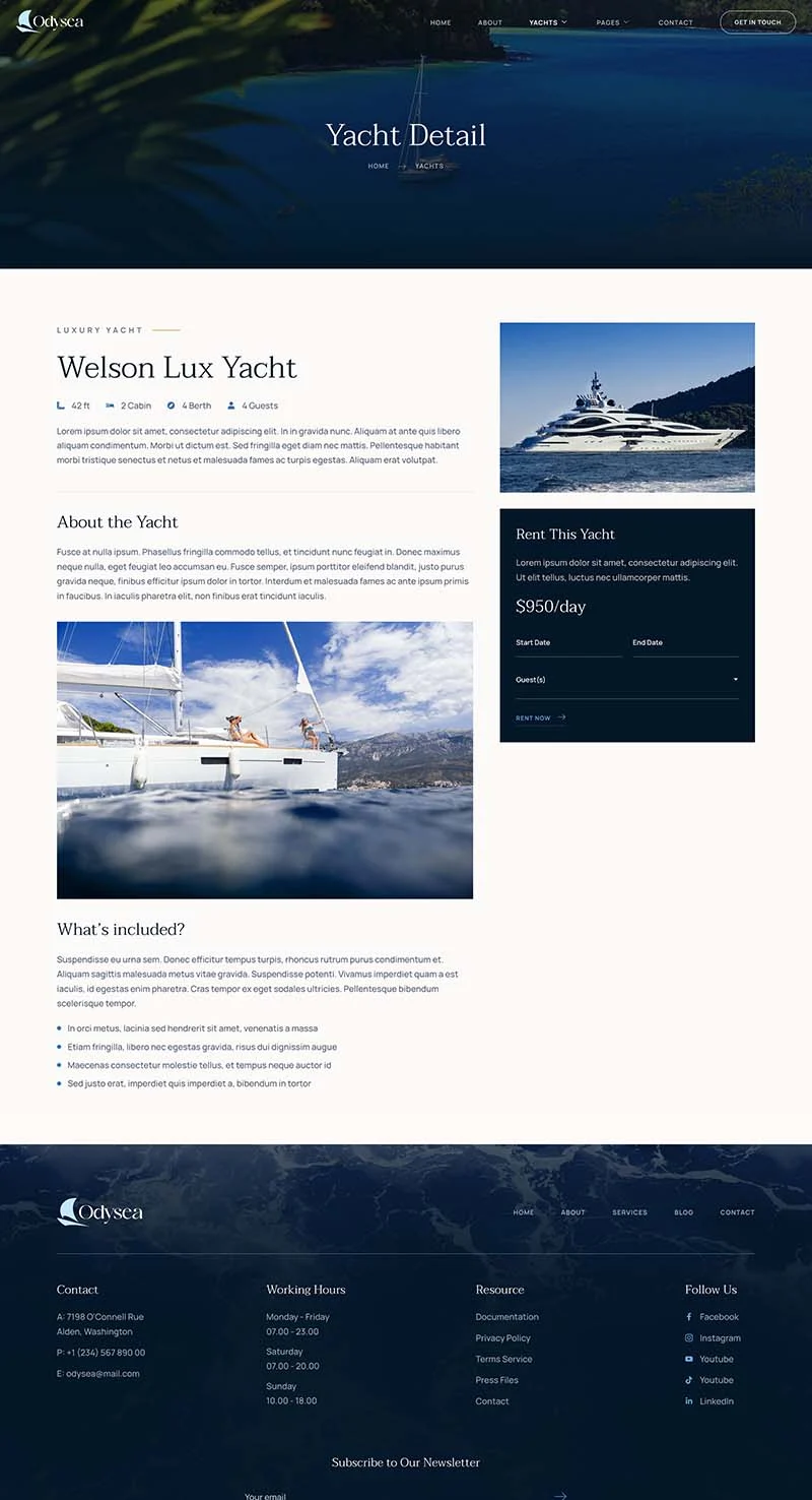 游艇出租Elementor网站模板_一键导入快速建站插图5-WP资源海 户外/旅行 Elementor 模板船只详情预览