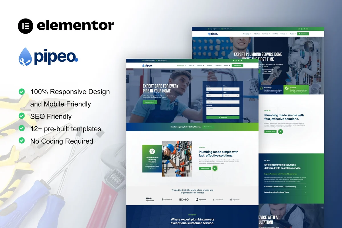 管道工Elementor网站模板_一键导入快速建站插图-WP资源海 维修 Elementor 网站模板封面