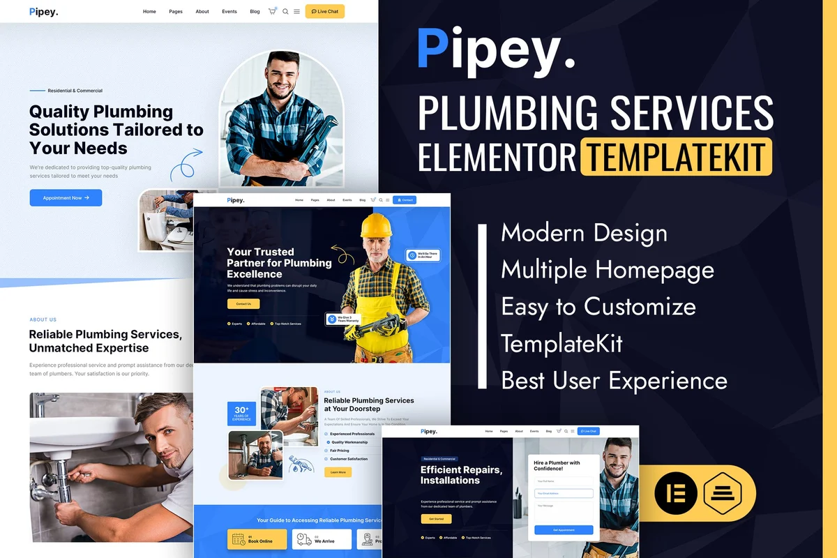 管道服务Elementor网站模板_一键导入快速建站插图-WP资源海 维修 Elementor 网站模板封面