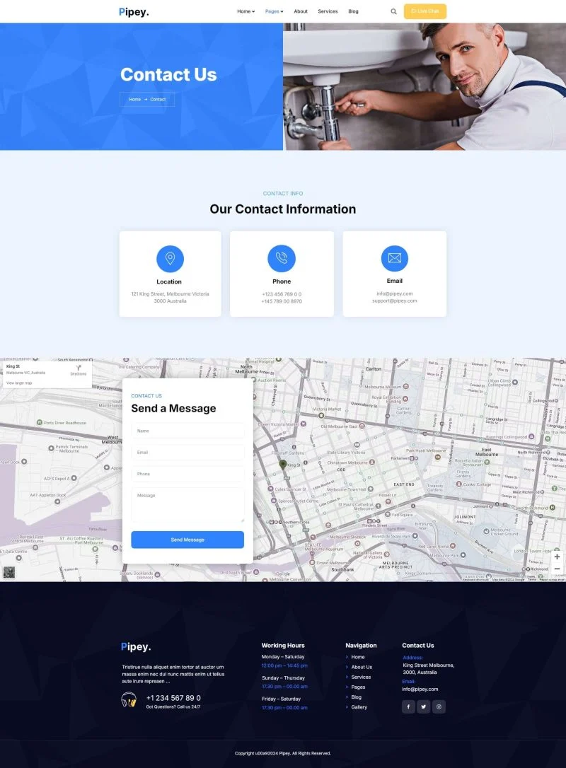 管道服务Elementor网站模板_一键导入快速建站插图1-WP资源海 维修 Elementor 模板联系页面预览