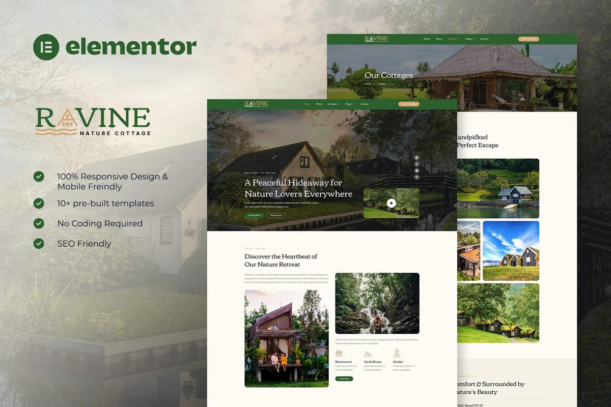 自然小屋度假Elementor网站模板_一键导入快速建站插图-WP资源海 旅馆/酒店 Elementor 网站模板封面