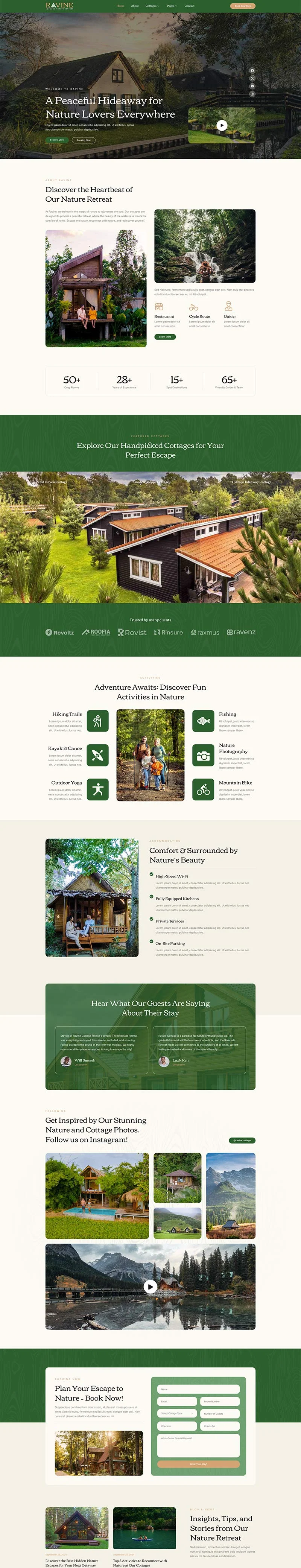 自然小屋度假Elementor网站模板_一键导入快速建站插图1-WP资源海 旅馆/酒店 Elementor 模板首页预览
