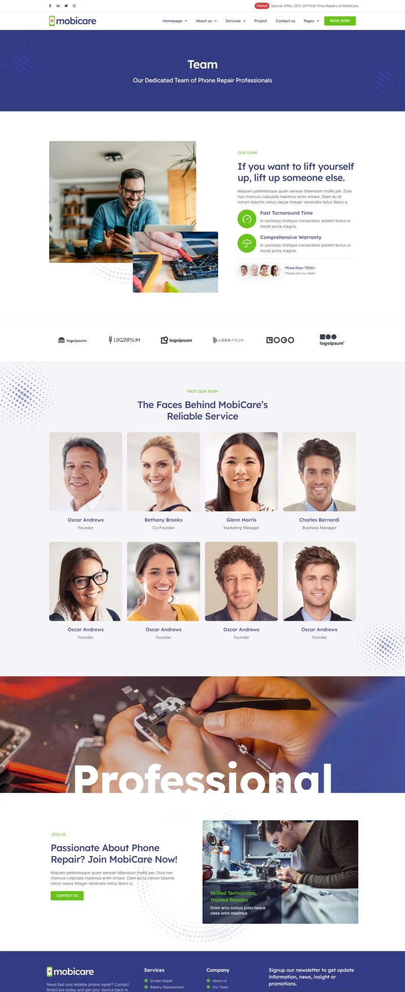 维修 Elementor 模板团队页面预览