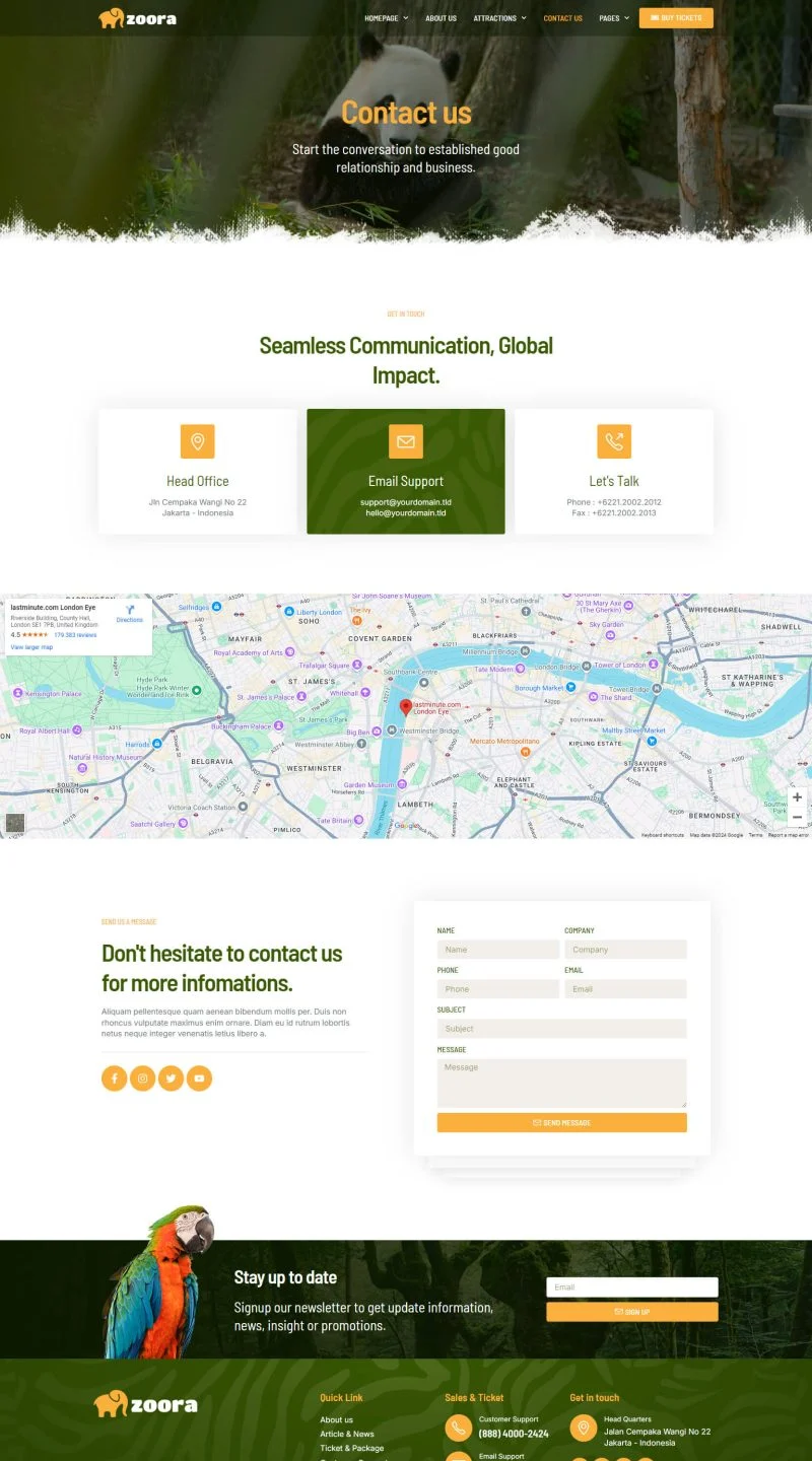 动物园景点导览Elementor网站模板_一键导入快速建站插图3-WP资源海 户外/旅行 Elementor 模板联系页面预览