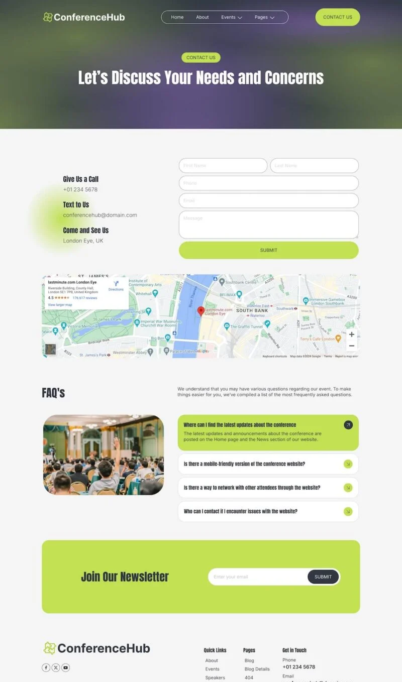 会议服务Elementor网站模板_一键导入快速建站插图3-WP资源海 会议/展览 Elementor 模板联系页面预览