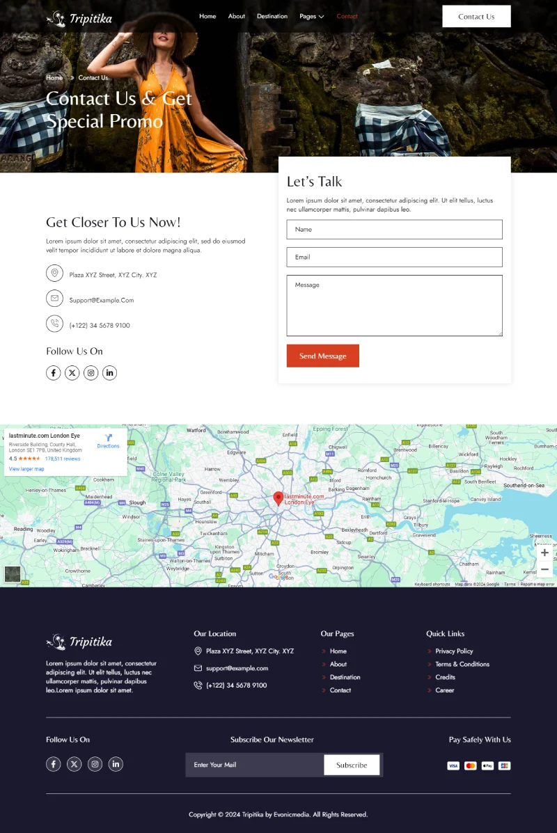 旅行代理Elementor网站模板_一键导入快速建站插图4-WP资源海 户外/旅行 Elementor 模板联系页面预览