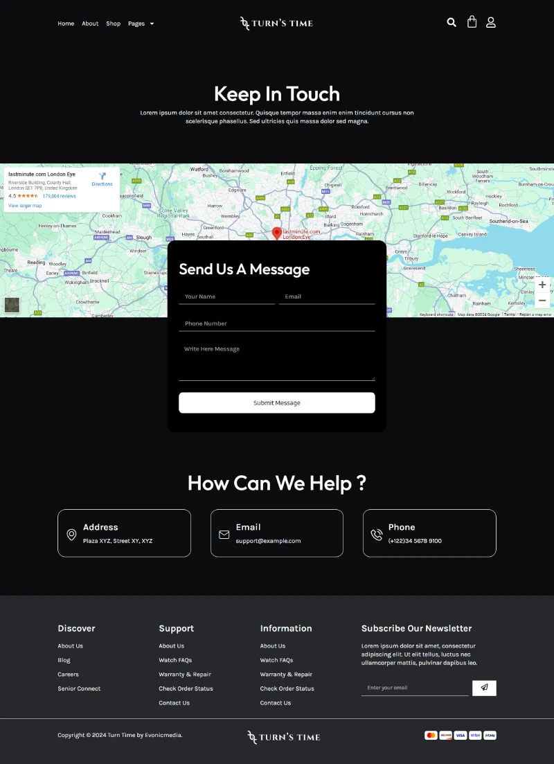 钟表电商Elementor网站模板_一键导入快速建站插图6-WP资源海 电商 Elementor 模板联系页面预览