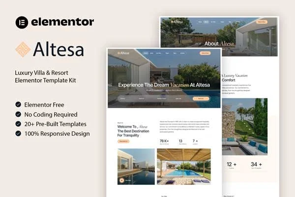 度假别墅Elementor网站模板_一键导入快速建站插图-WP资源海 旅馆/酒店 Elementor 网站模板封面