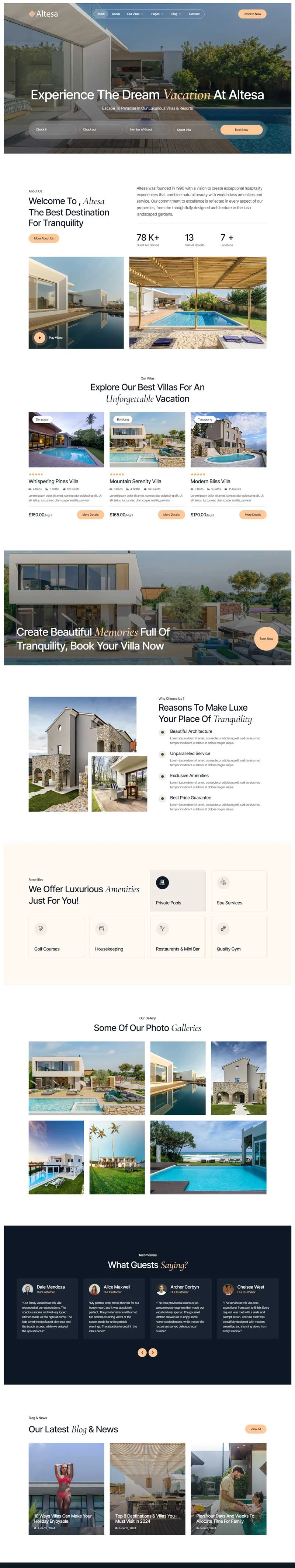 度假别墅Elementor网站模板_一键导入快速建站插图1-WP资源海 旅馆/酒店 Elementor 模板首页预览