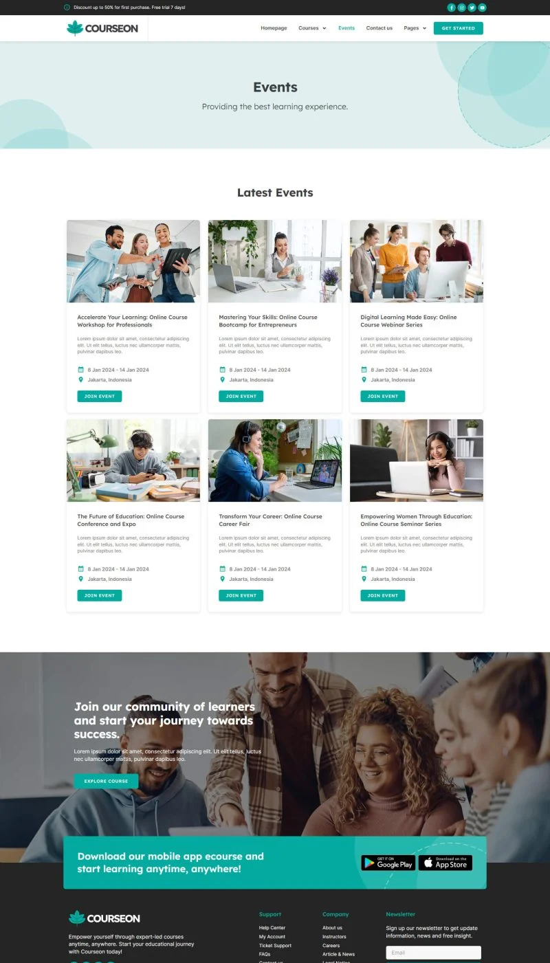 在线课程服务Elementor网站模板_一键导入快速建站插图2-WP资源海 教育/培训 Elementor 模板活动页面预览