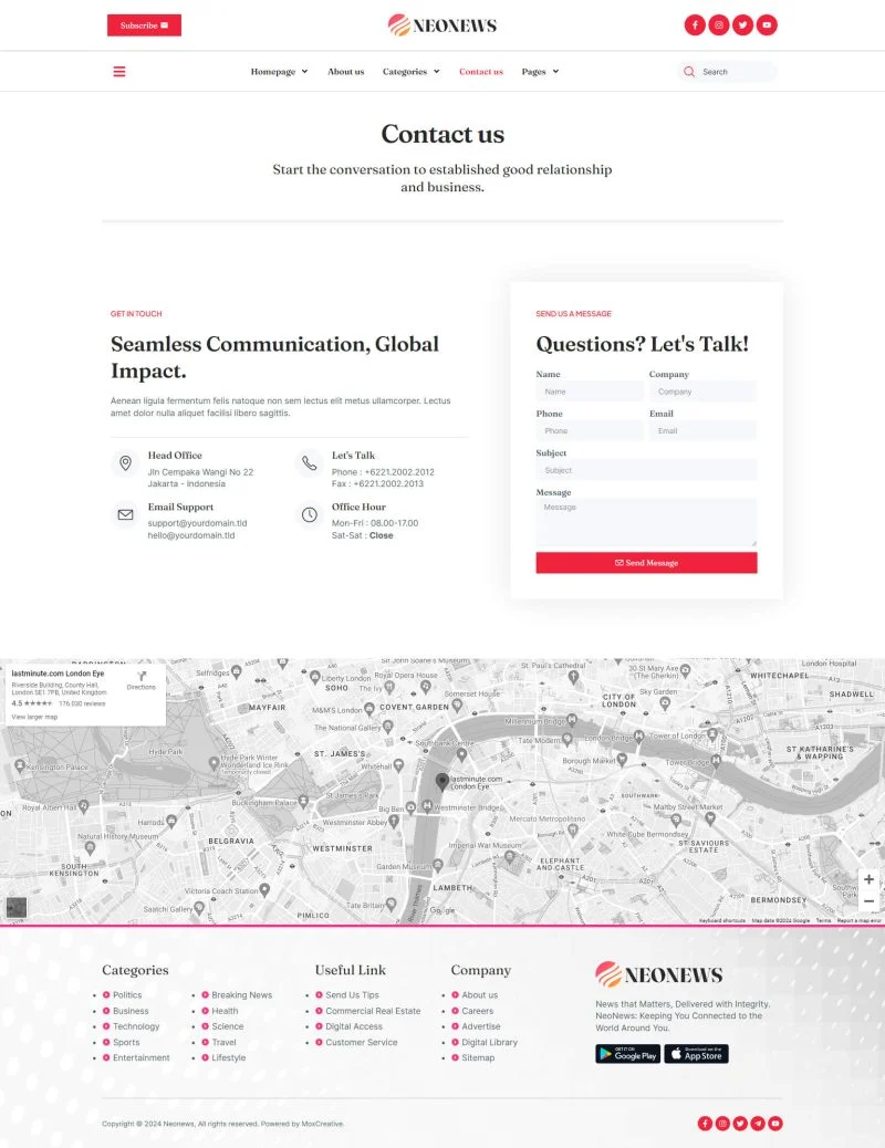 媒体Elementor网站模板_一键导入快速建站插图4-WP资源海 博客/杂志 Elementor 模板联系页面预览