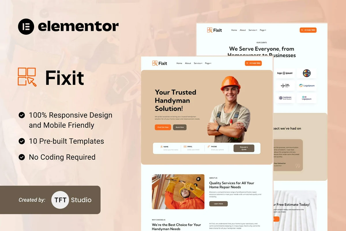 家政维修Elementor网站模板_一键导入快速建站插图-WP资源海 维修 Elementor 网站模板封面
