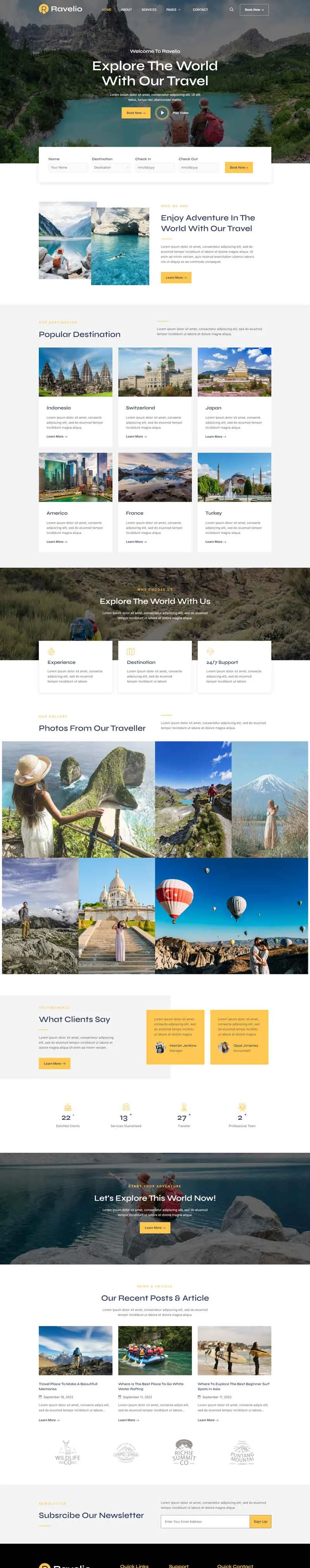 探险旅游Elementor网站模板_一键导入快速建站插图1-WP资源海 户外/旅行 Elementor 模板首页预览