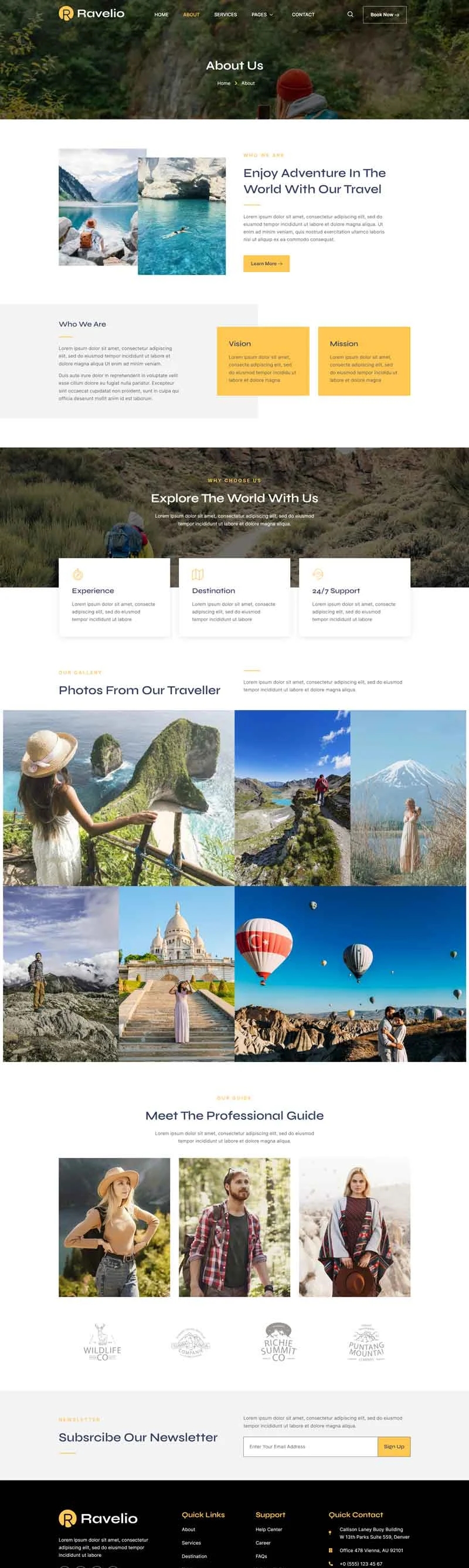 探险旅游Elementor网站模板_一键导入快速建站插图4-WP资源海 户外/旅行 Elementor 模板关于我们预览