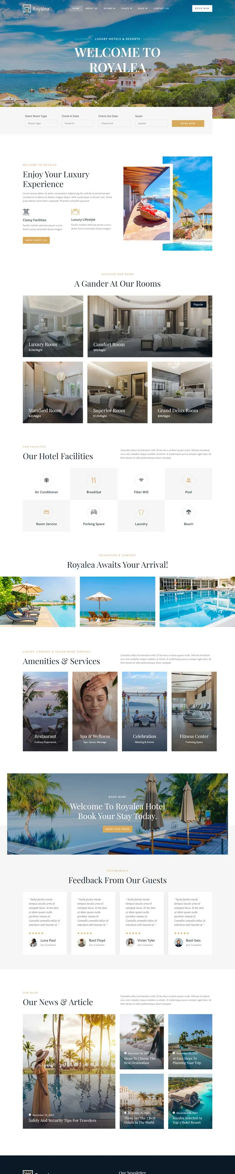海滨豪华度假村Elementor网站模板_一键导入快速建站插图1-WP资源海 旅馆/酒店 Elementor 模板首页预览