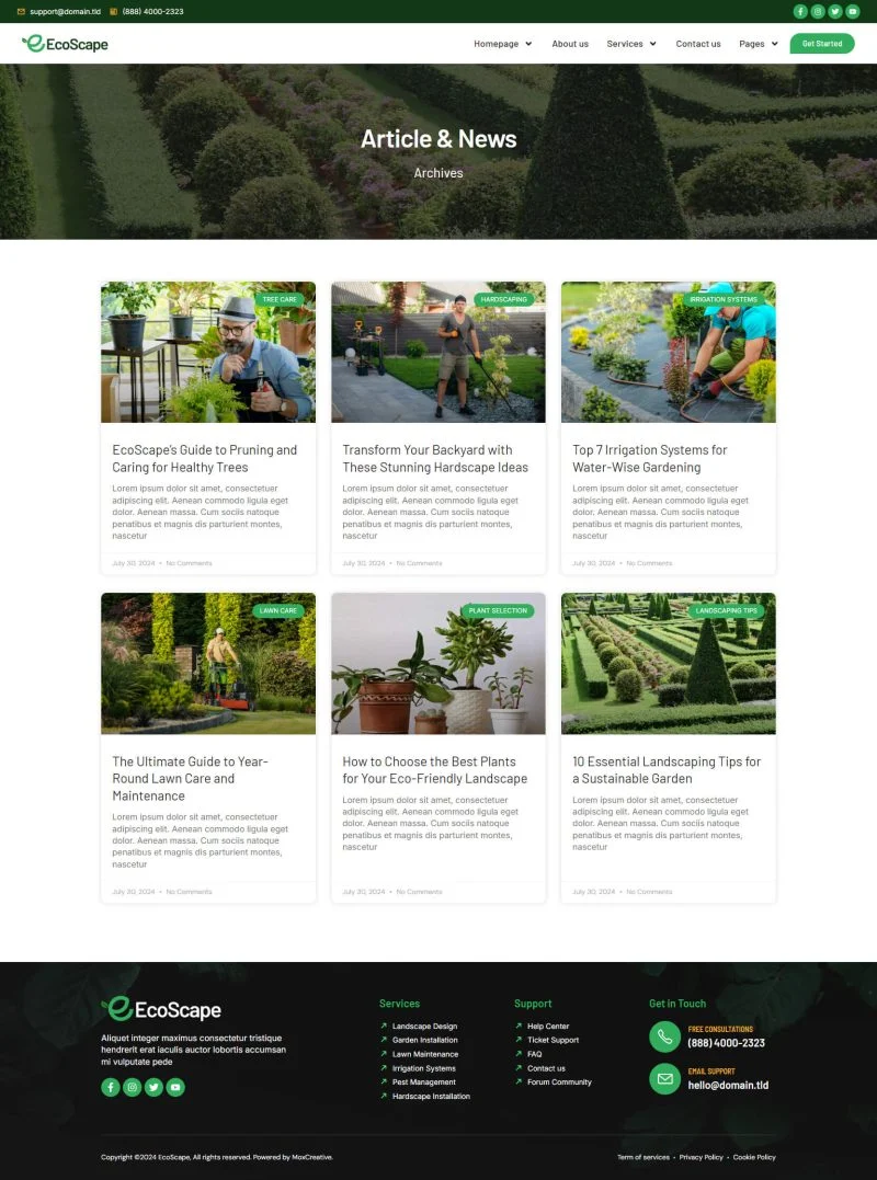 园艺工程Elementor网站模板_一键导入快速建站插图1-WP资源海 💐花卉/绿植 Elementor 模板博客页面预览