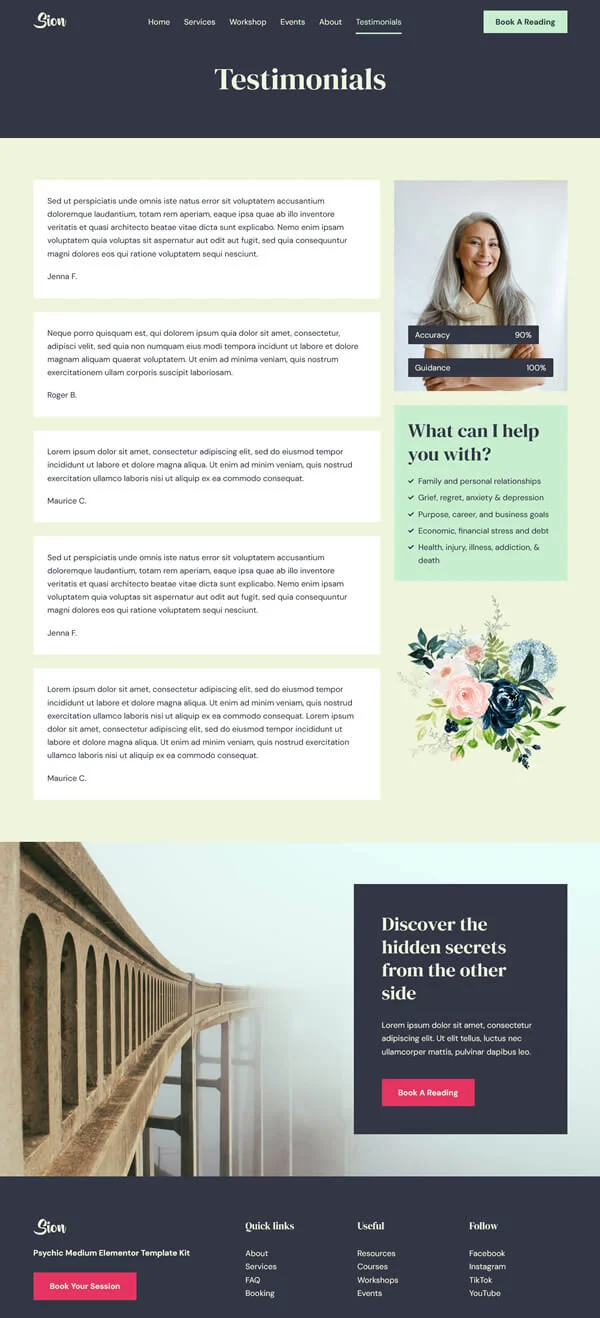 灵性疗愈师Elementor网站模板_一键导入快速建站插图3-WP资源海 瑜伽/冥想 Elementor 模板客户评价预览