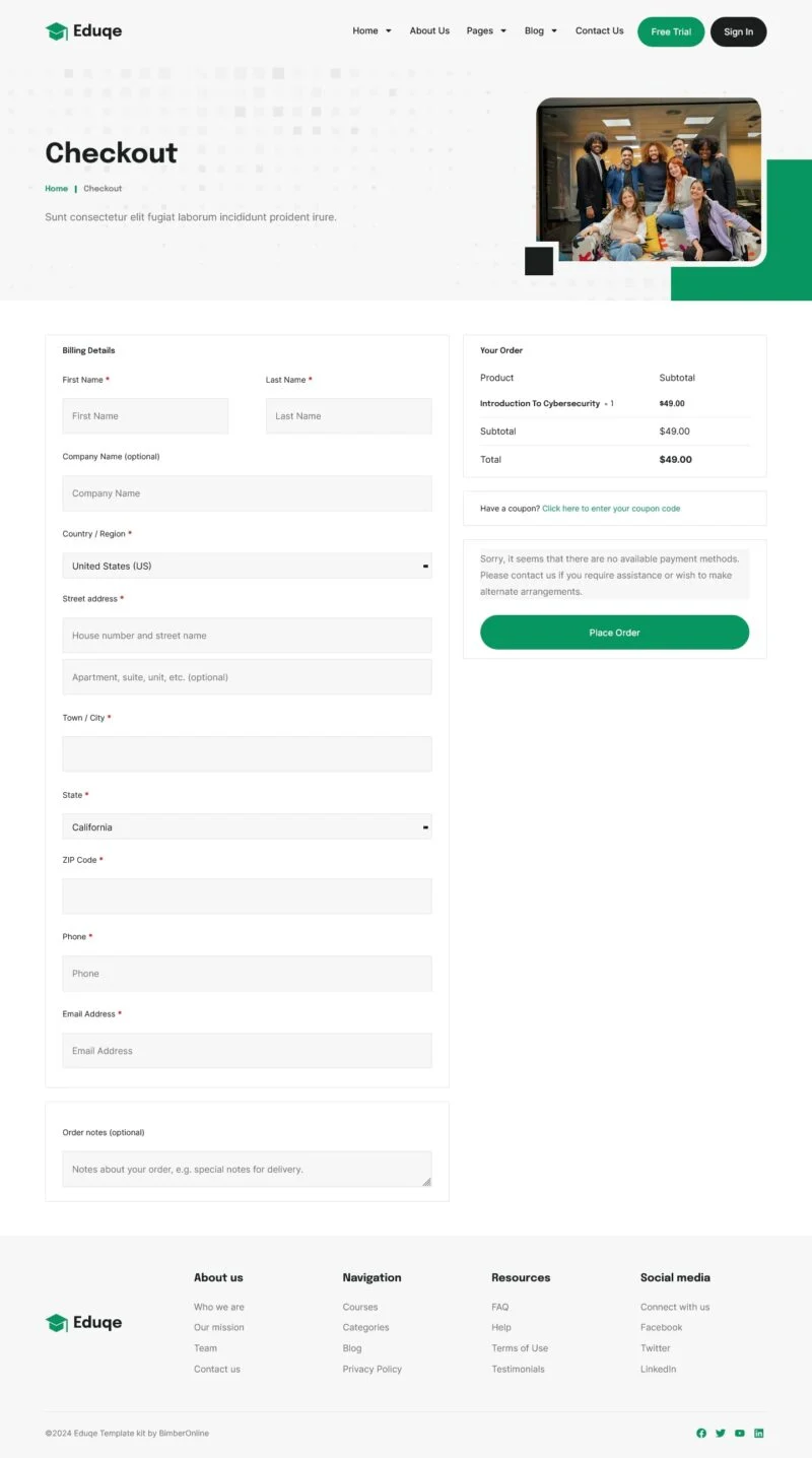 网络课程销售Elementor网站模板_一键导入快速建站插图4-WP资源海 教育/培训 Elementor 模板结账页面预览