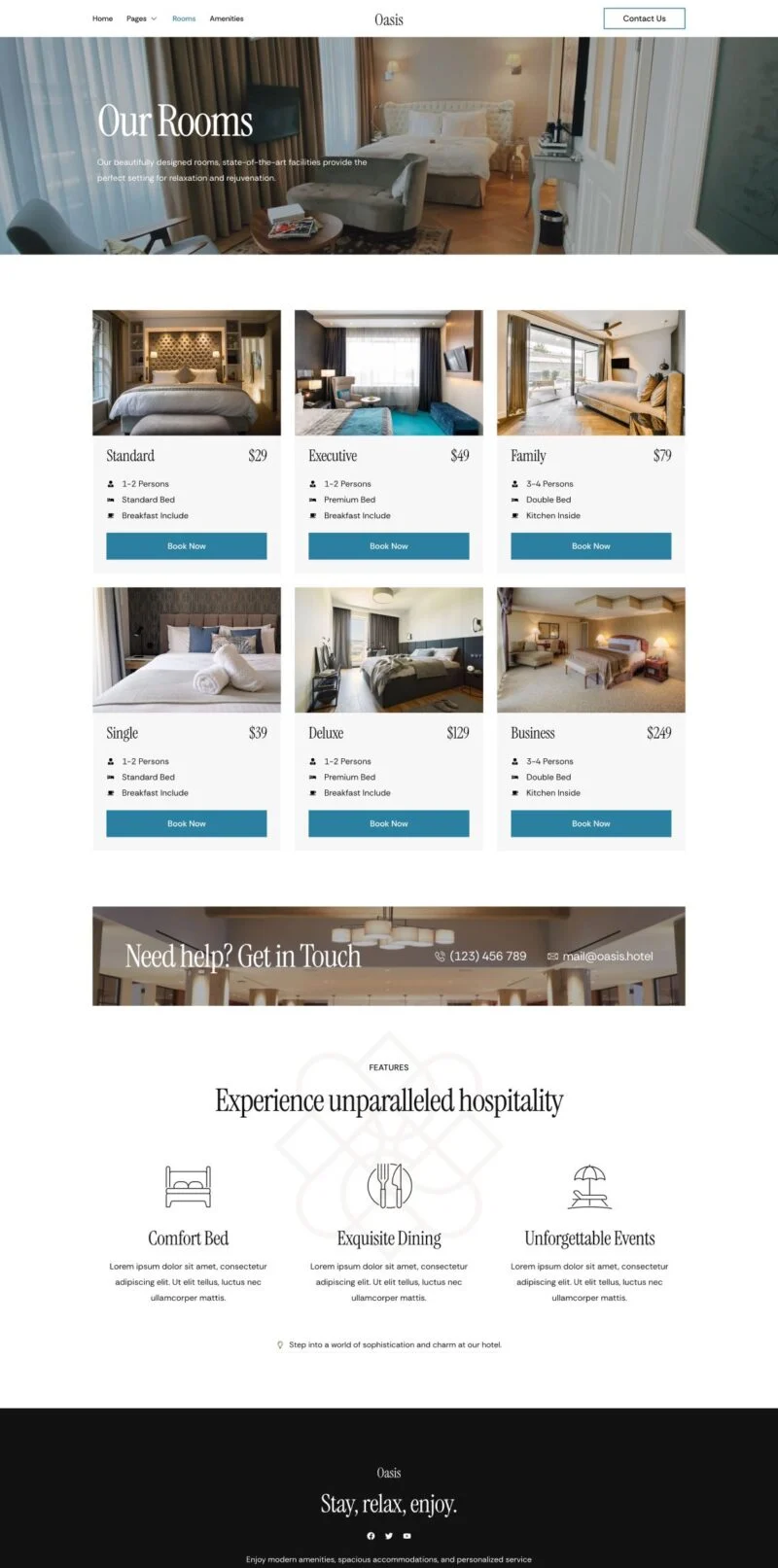 滨海度假酒店Elementor网站模板_一键导入快速建站插图2-WP资源海 旅馆/酒店 Elementor 模板房间列表预览