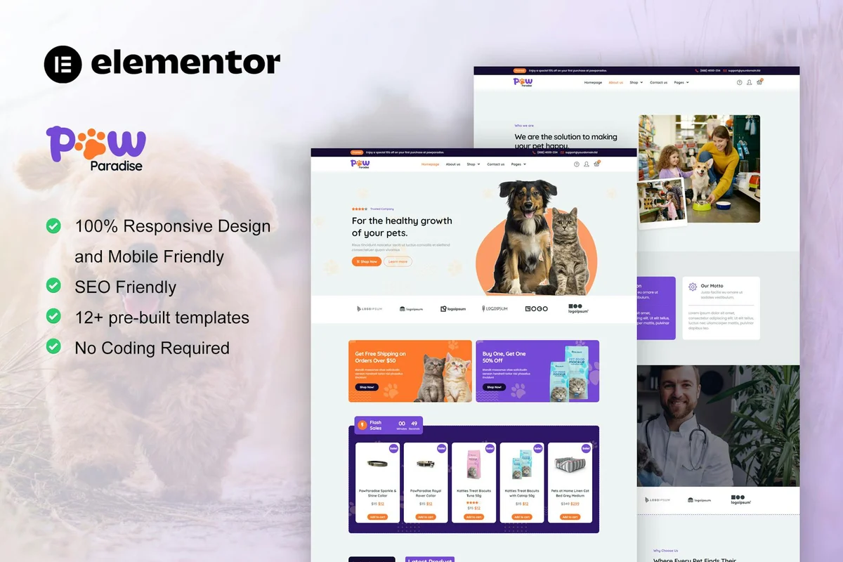 宠物用品电商Elementor网站模板_一键导入快速建站插图-WP资源海 电商 Elementor 网站模板封面
