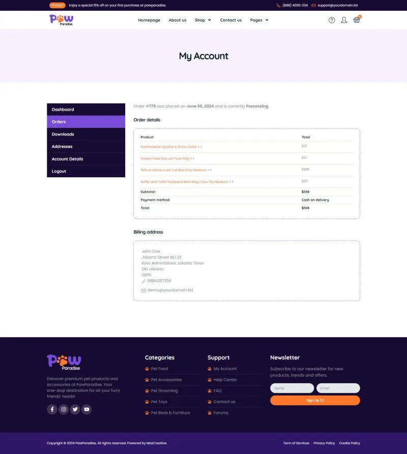 宠物用品电商Elementor网站模板_一键导入快速建站插图2-WP资源海 电商 Elementor 模板我的账户预览
