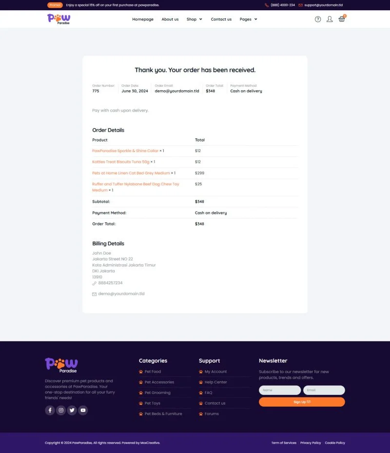 宠物用品电商Elementor网站模板_一键导入快速建站插图5-WP资源海 电商 Elementor 模板订单摘要预览