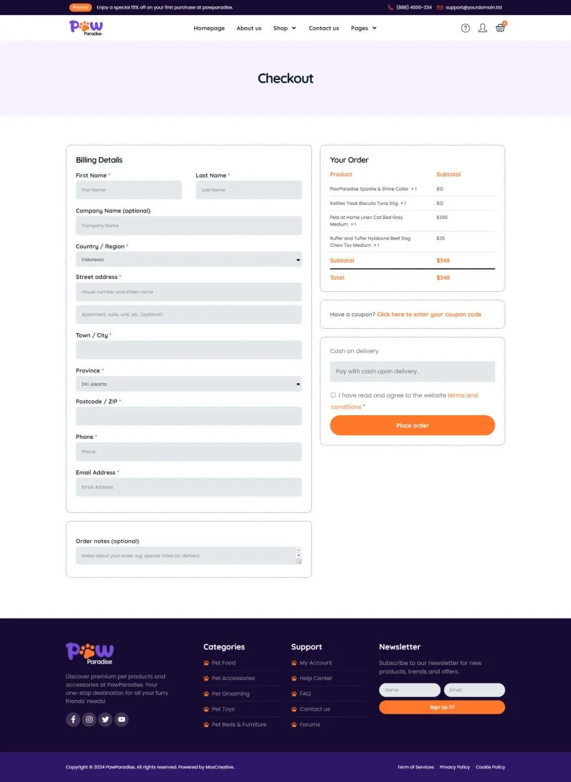 宠物用品电商Elementor网站模板_一键导入快速建站插图6-WP资源海 电商 Elementor 模板结账页面预览