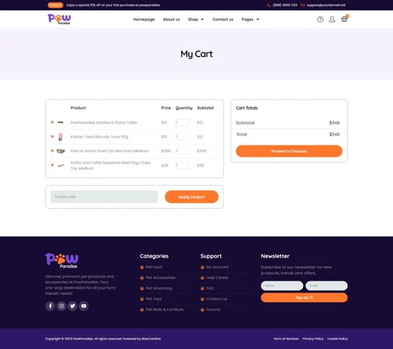 宠物用品电商Elementor网站模板_一键导入快速建站插图7-WP资源海 电商 Elementor 模板购物车预览