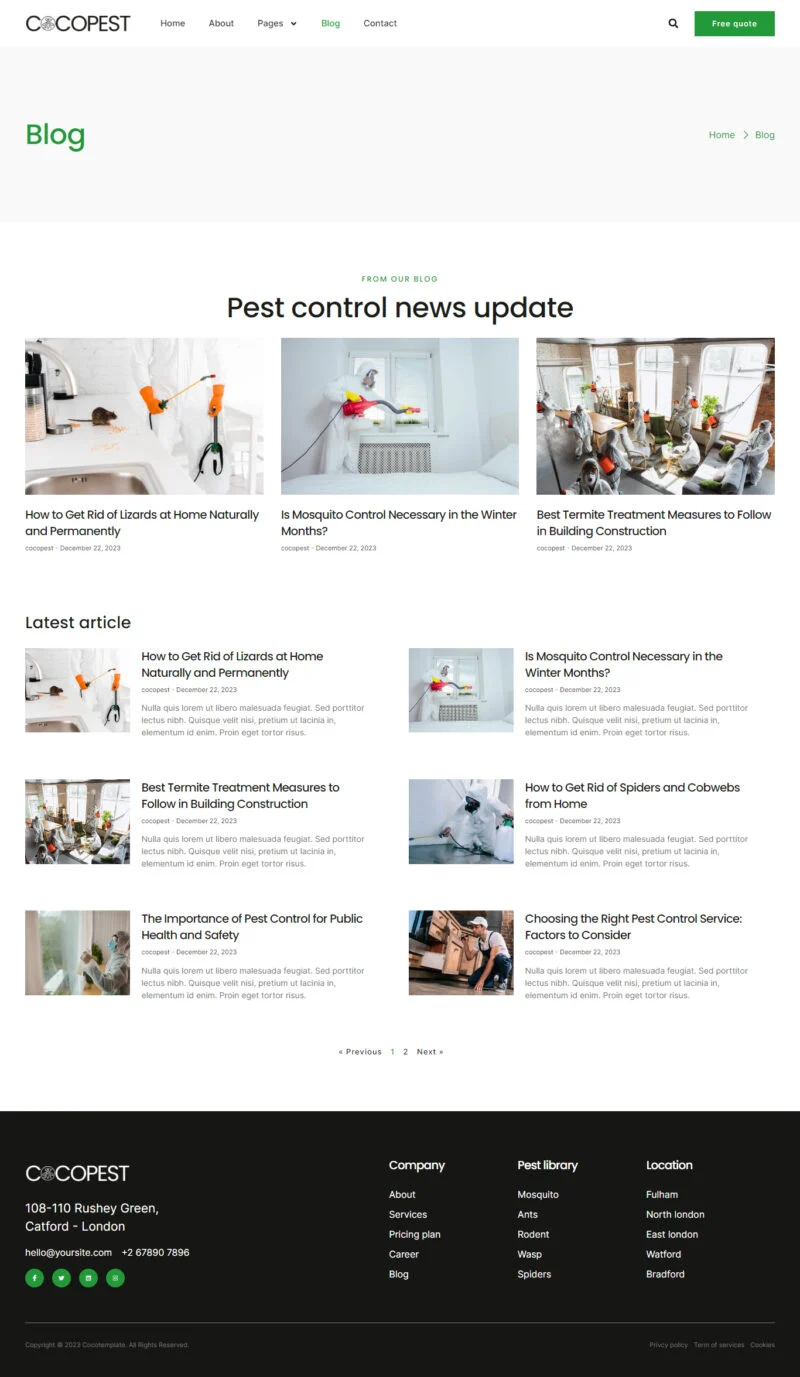 害虫防治Elementor网站模板_一键导入快速建站插图4-WP资源海 家政 Elementor 模板博客页面预览