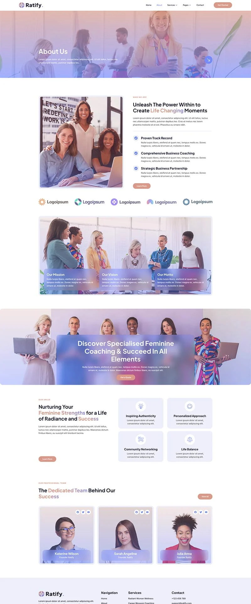 女性领导力培训Elementor网站模板_一键导入快速建站插图2-WP资源海 服务/咨询 Elementor 模板关于我们预览
